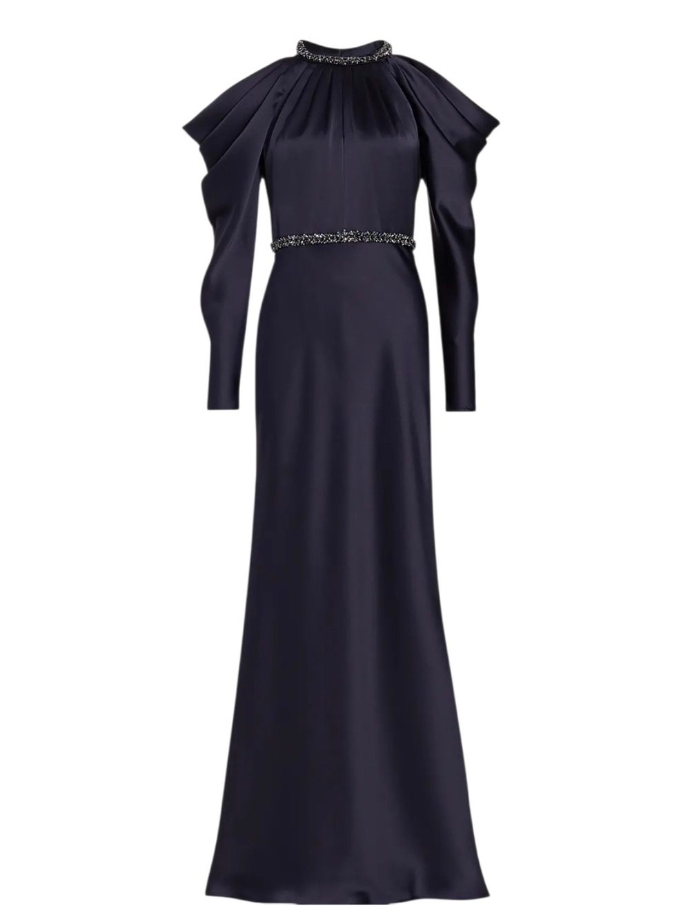 Amsale Shoulder Cut-Out Satin Navy Embellished High-Neck Maxi Gown NWT sz 6,10